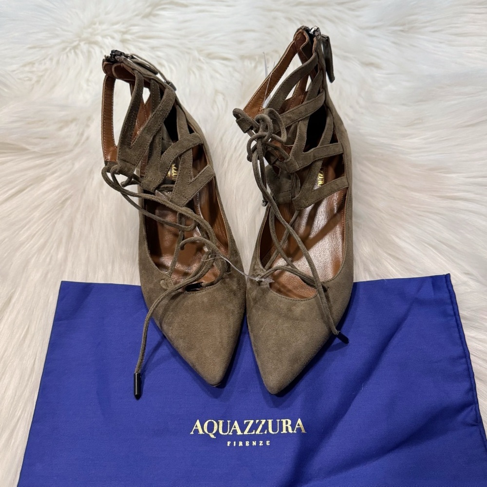 Aquazzura Belgravia Suede Ankle Lace Ballet Flats Olive Green Size IT 35 / US 5